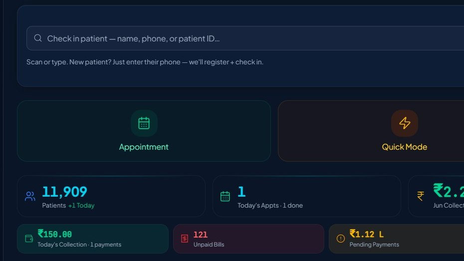 Dentospire front-desk dashboard with patient check-in search, Appointment and Quick Mode buttons and today's collection