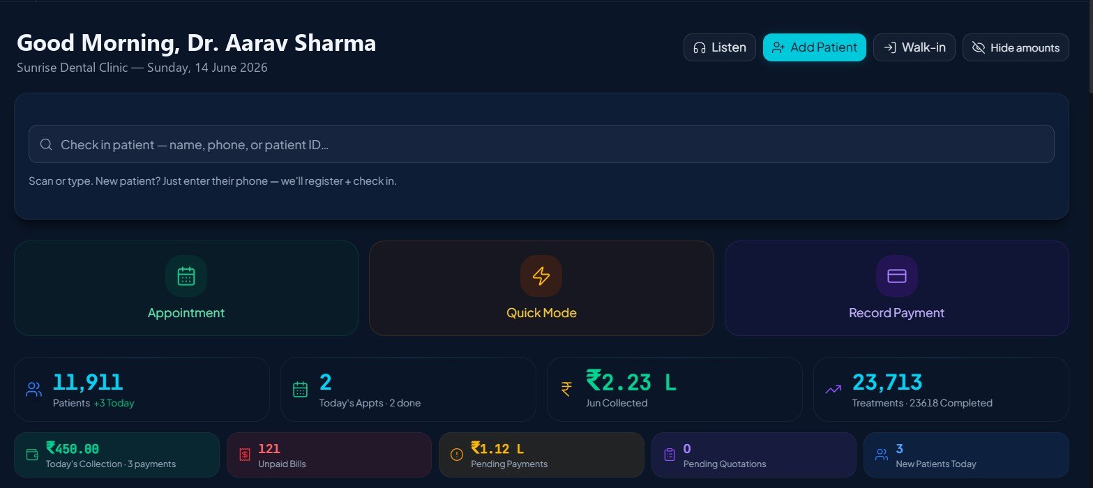 Dentospire dashboard — patient check-in, Quick Mode, Record Payment, and live patient and collection stats