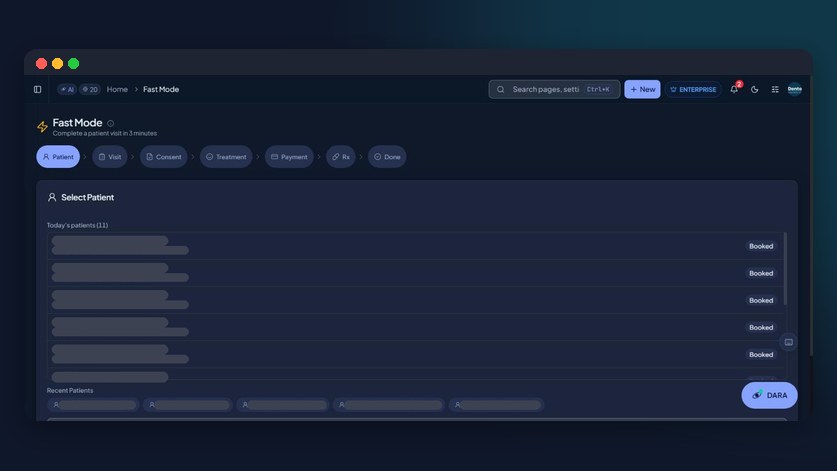 Dentospire Fast Mode in dark mode: seven guided steps from Patient to Done