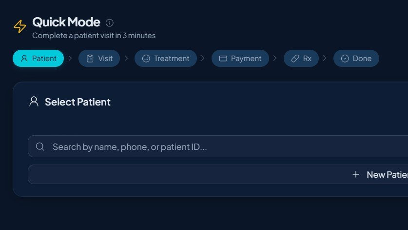 Dentospire Fast Mode screen with the guided visit steps from Patient to Done