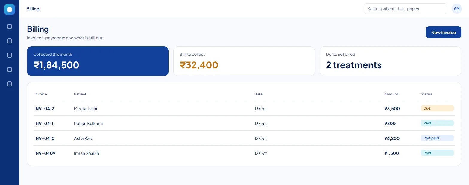 Dentospire billing page with collected amount, dues and a list of invoices with paid and due status