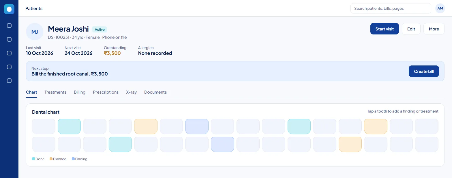 Dentospire patient page with the dental chart and a next-step button to create the bill